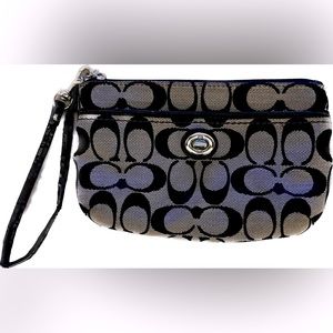 Coach black/gray wristlet fabric with silver hardware like new!